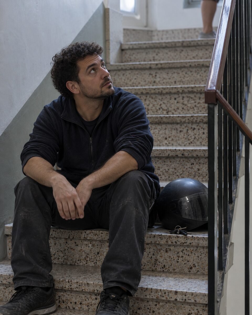 Un hombre joven, con las manos vacías, escucha a alguien en el rellano de su edificio