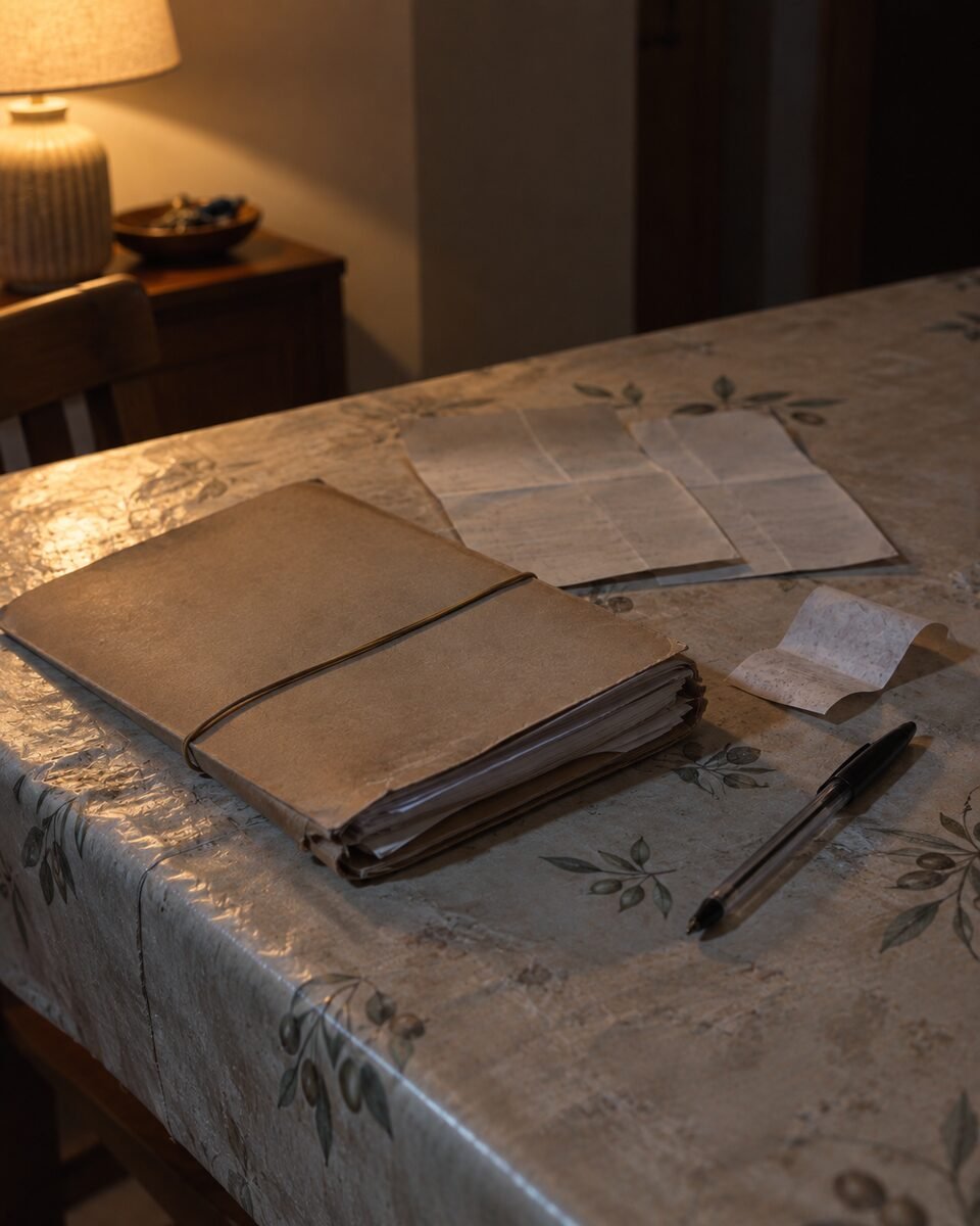 Una carpeta y unos papeles doblados dejados sobre la mesa de una casa