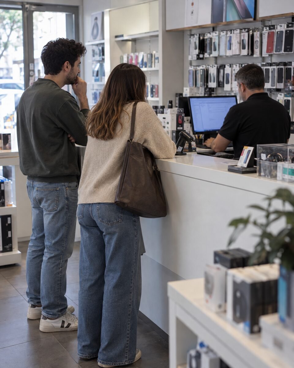 Una pareja joven espera en el mostrador de una tienda mientras el empleado consulta una pantalla