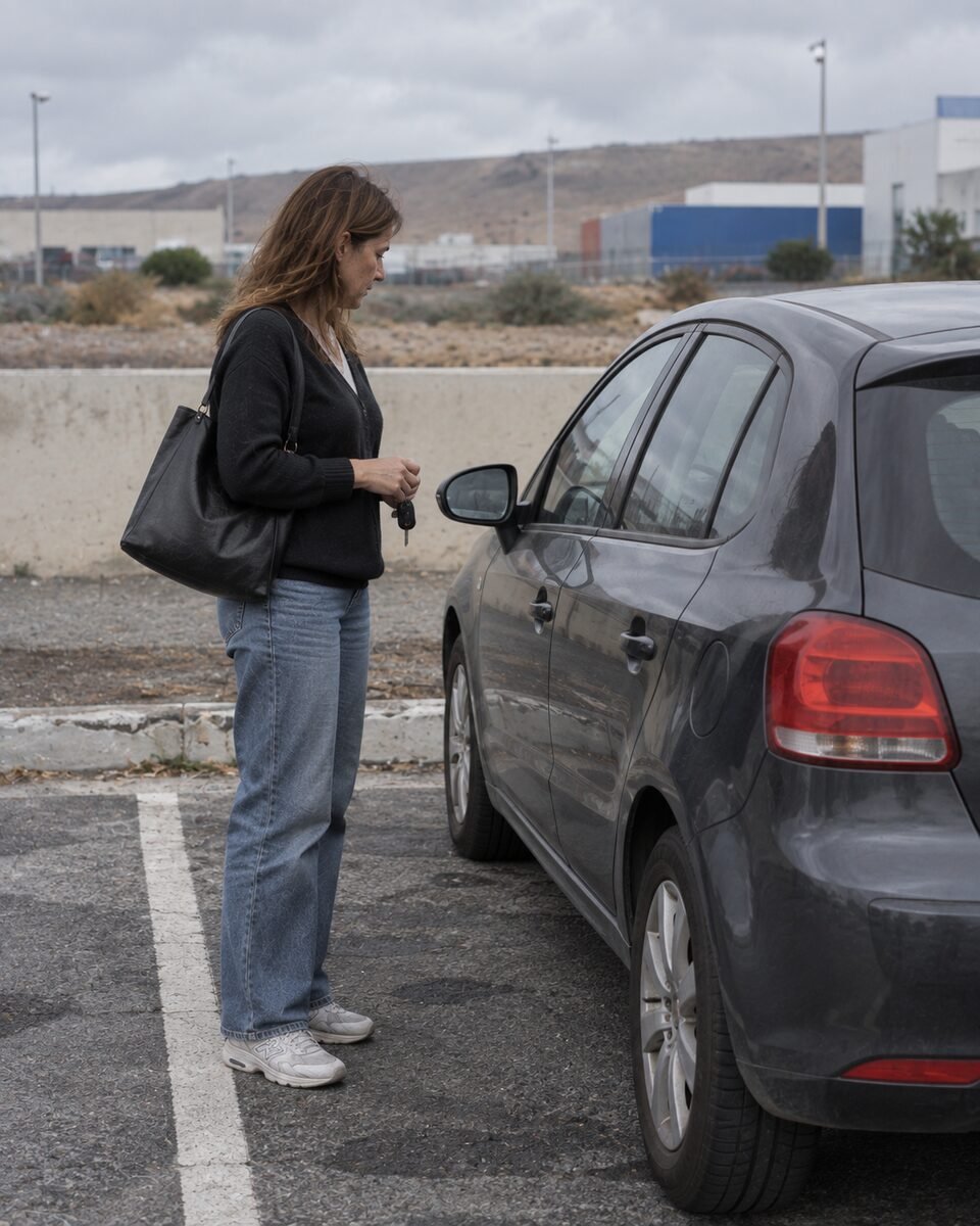 Una mujer de pie junto a su coche en un aparcamiento al aire libre, con las llaves en la mano