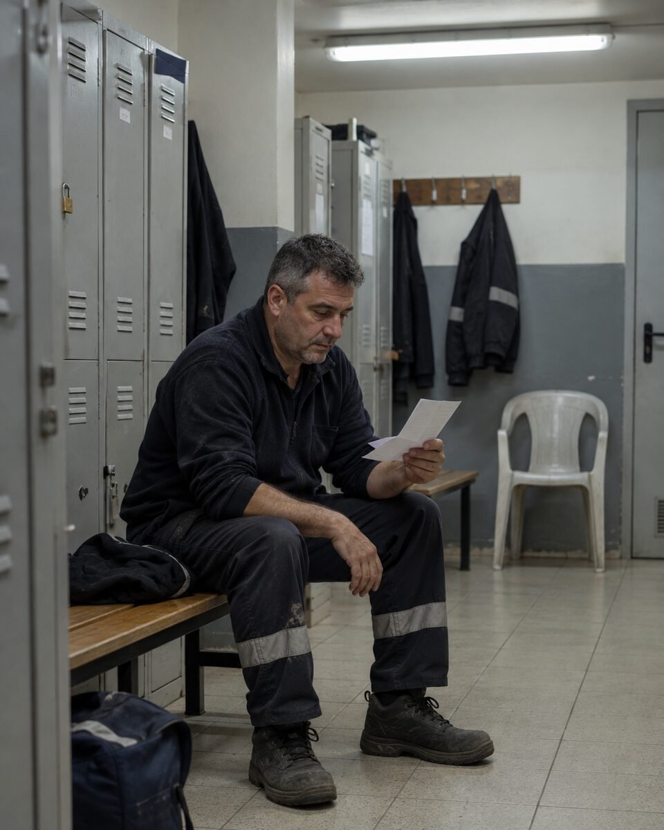 Un hombre con ropa de trabajo, sentado en el vestuario al final del turno, mira un papel que sostiene en la mano