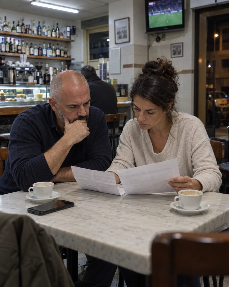 Dos personas comparan en un bar dos extractos del mismo préstamo de meses distintos