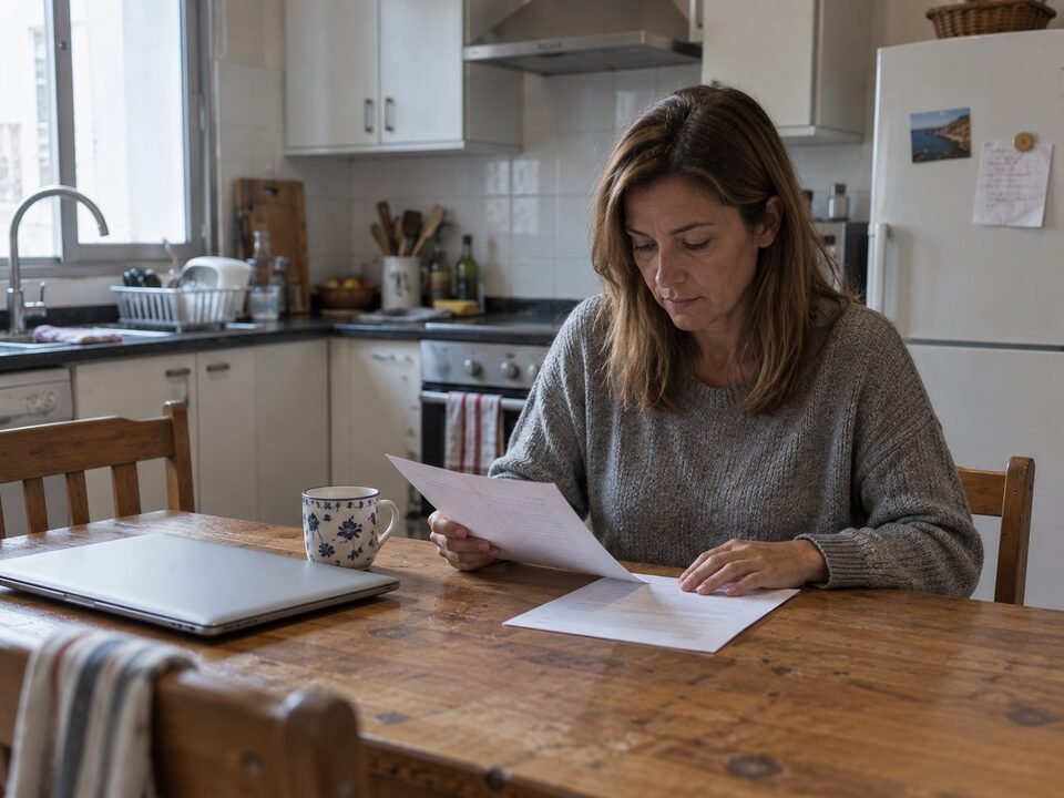 Una mujer lee con calma dos documentos sobre la mesa de su cocina, junto a un portátil cerrado