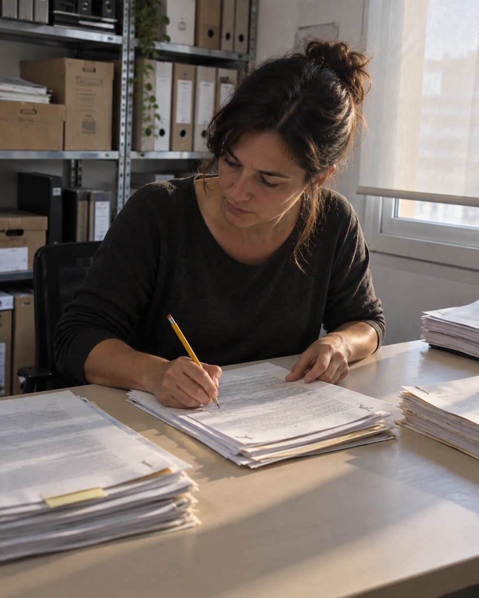 Una profesional ordena y anota a lápiz varios contratos sobre una mesa de trabajo